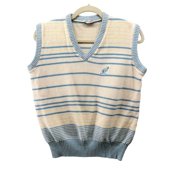 Vintage Sweater Vest Womens M Kangaroo Embroidered V-Neck Cream Blue Striped - Picture 1 of 7